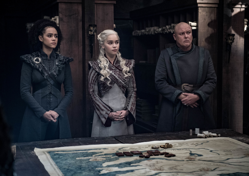 Missandei (Nathalie Emmanuel), Daenerys, and Varys (Conleth Hill) seem unaware they’re about to get their asses kicked.
